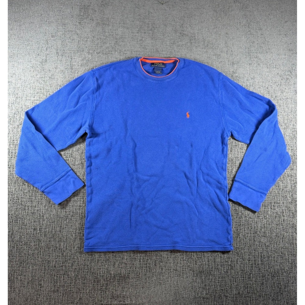 Polo Ralph Lauren Mens XL Blue Waffle Knit Thermal Long Sleeve Shirt Orange Pony